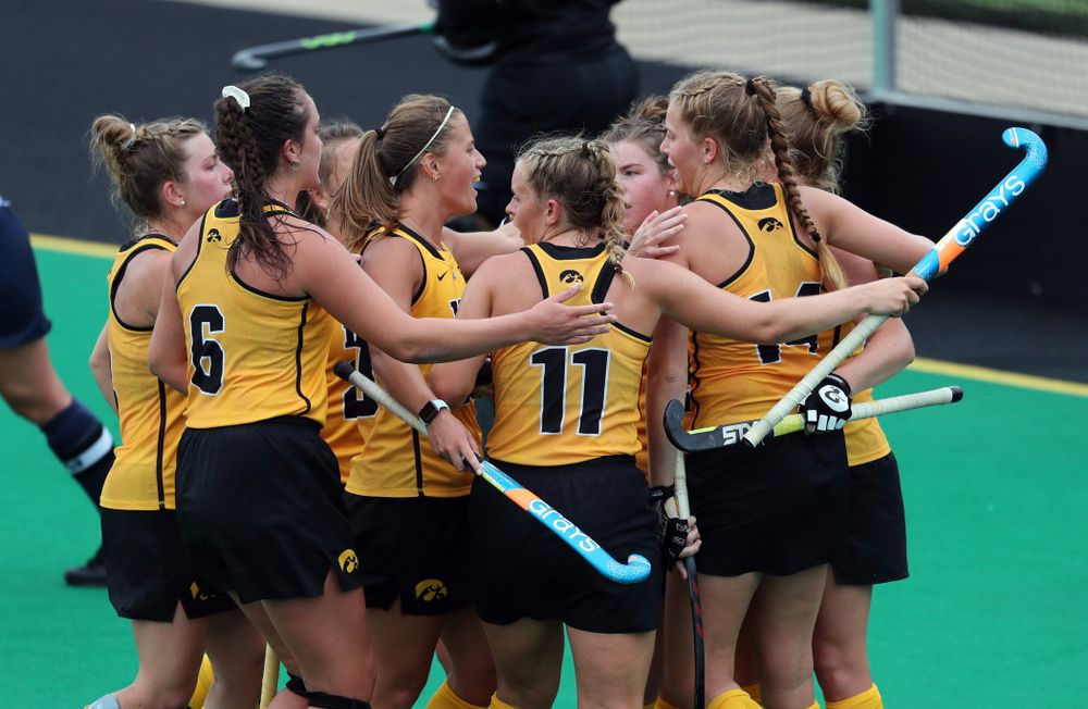 Iowa Hawkeyes Lokke Stribos (14) celebrates a goal with her teammates against Columbia Sunday, September 8, 2019 at Grant Field. (Brian Ray/hawkeyesports.com)