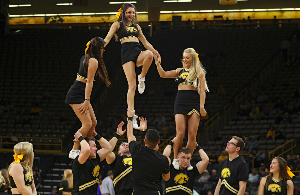 Iowa Cheerleaders perform during the second half of their exhibition game against Lindsey Wilson College at Carver-Hawkeye Arena in Iowa City on Monday, Nov 4, 2019. (Stephen Mally/hawkeyesports.com)