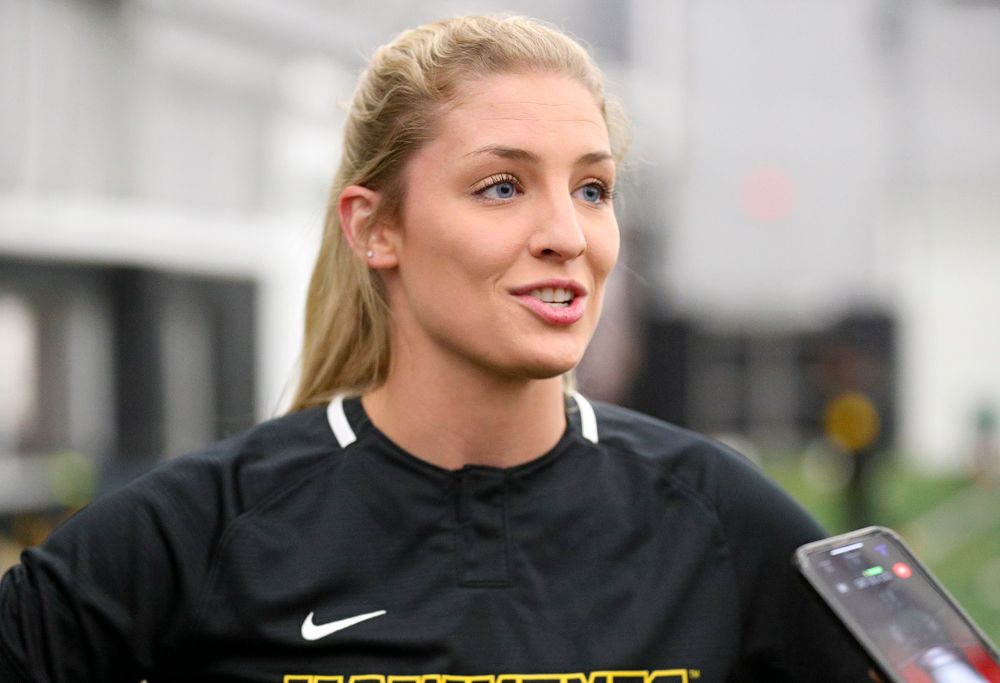 Iowa pitcher Allison Doocy (3) answers questions during Iowa Softball Media Day at the Hawkeye Tennis and Recreation Complex in Iowa City on Thursday, January 30, 2020. (Stephen Mally/hawkeyesports.com)