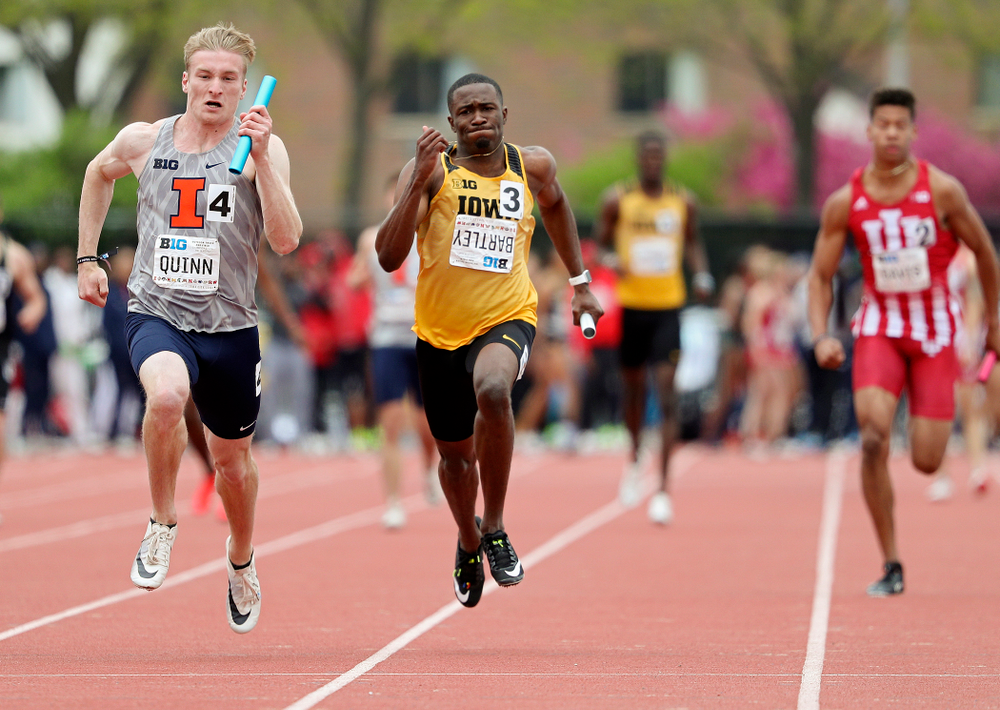 Iowa's Karayme Bartley runs his section of the men’s 400 meter relay event on the third day of the Big Ten Outdoor Track and Field Championships at Francis X. Cretzmeyer Track in Iowa City on Sunday, May. 12, 2019. (Stephen Mally/hawkeyesports.com)
