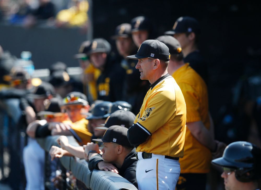 Iowa Hawkeyes head coach Rick Heller against the Michigan Wolverines Sunday, April 29, 2018 at Duane Banks Field. (Brian Ray/hawkeyesports.com)