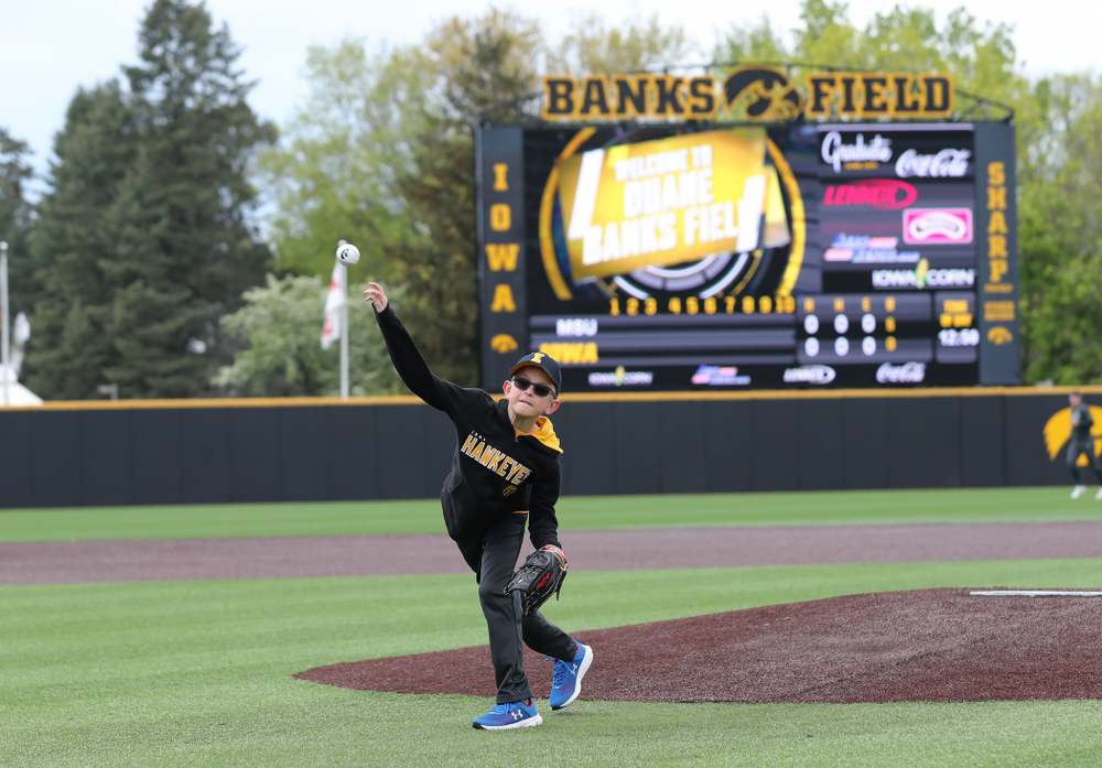 Garret Nichols throws out a first pitch before the Iowa Hawkeyes game against Michigan State Sunday, May 12, 2019 at Duane Banks Field. (Brian Ray/hawkeyesports.com)
