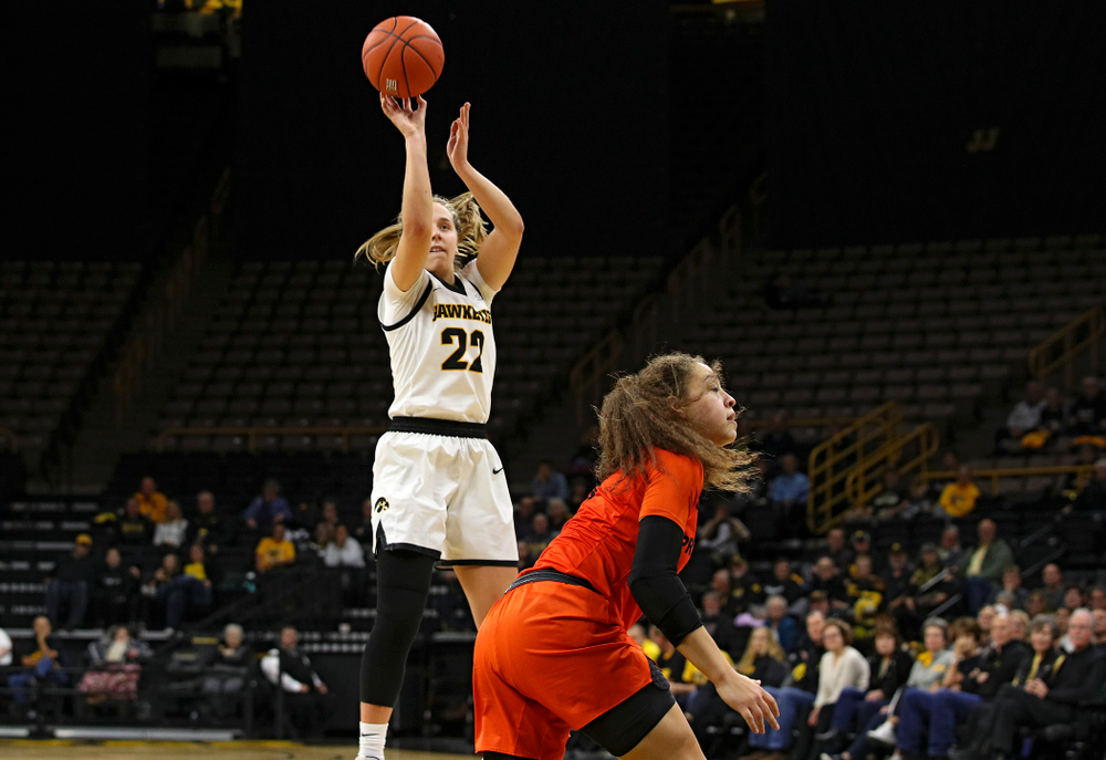 Iowa guard Kathleen Doyle (22) scores a basket during the second quarter of their overtime win against Princeton at Carver-Hawkeye Arena in Iowa City on Wednesday, Nov 20, 2019. (Stephen Mally/hawkeyesports.com)