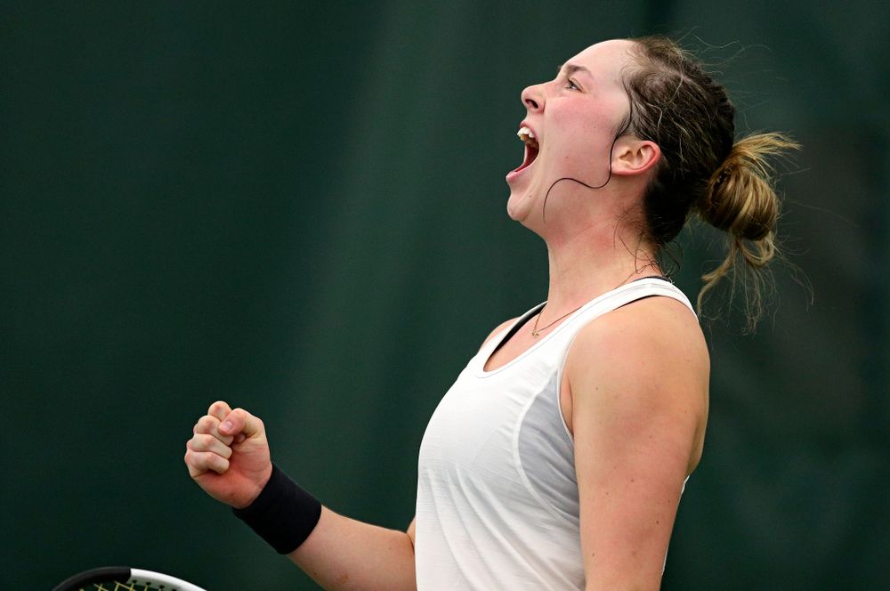 Iowa’s Samantha Mannix celebrates a point during her singles match at the Hawkeye Tennis and Recreation Complex in Iowa City on Sunday, February 23, 2020. (Stephen Mally/hawkeyesports.com)