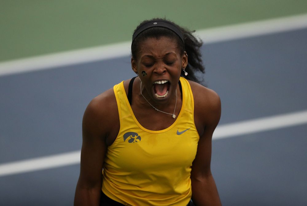 Iowa's Adorabol Huckleby against the Iowa State Cyclones Friday, February 8, 2019 at the Hawkeye Tennis and Recreation Complex. (Brian Ray/hawkeyesports.com)