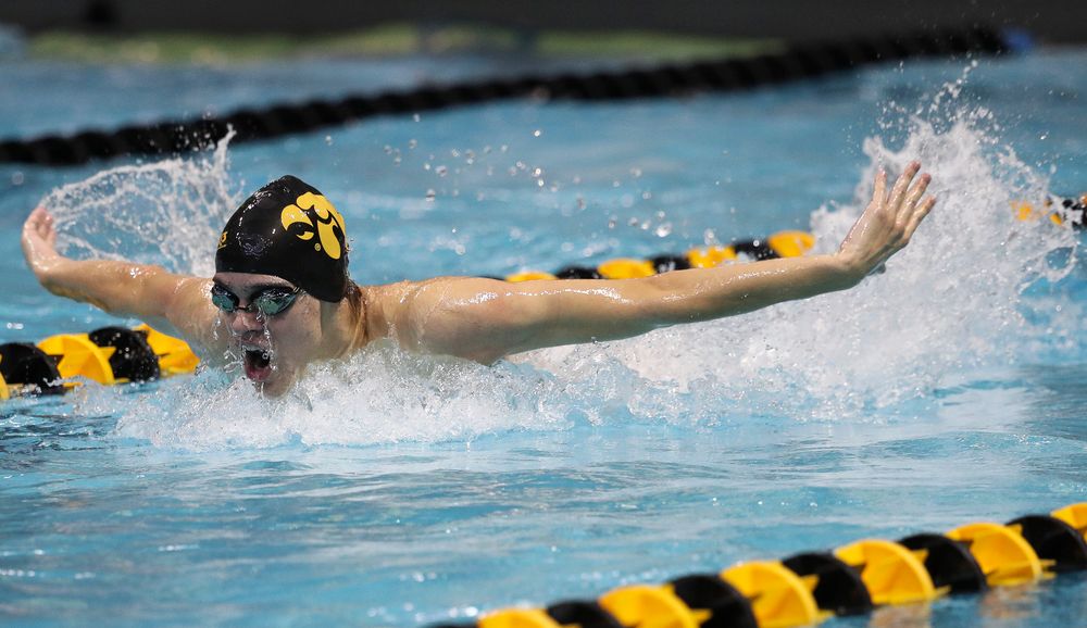 Iowa's Matjaz Rozman competes in the 400-yard medley relay during a meet against Michigan and Denver at the Campus Recreation and Wellness Center on November 3, 2018. (Tork Mason/hawkeyesports.com)