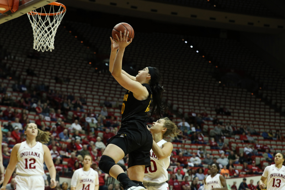 Iowa Hawkeyes forward Megan Gustafson (10) against the Indiana Hoosiers Thursday, February 21, 2019 at Simon Skjodt Assembly Hall. (Brian Ray/hawkeyesports.com)