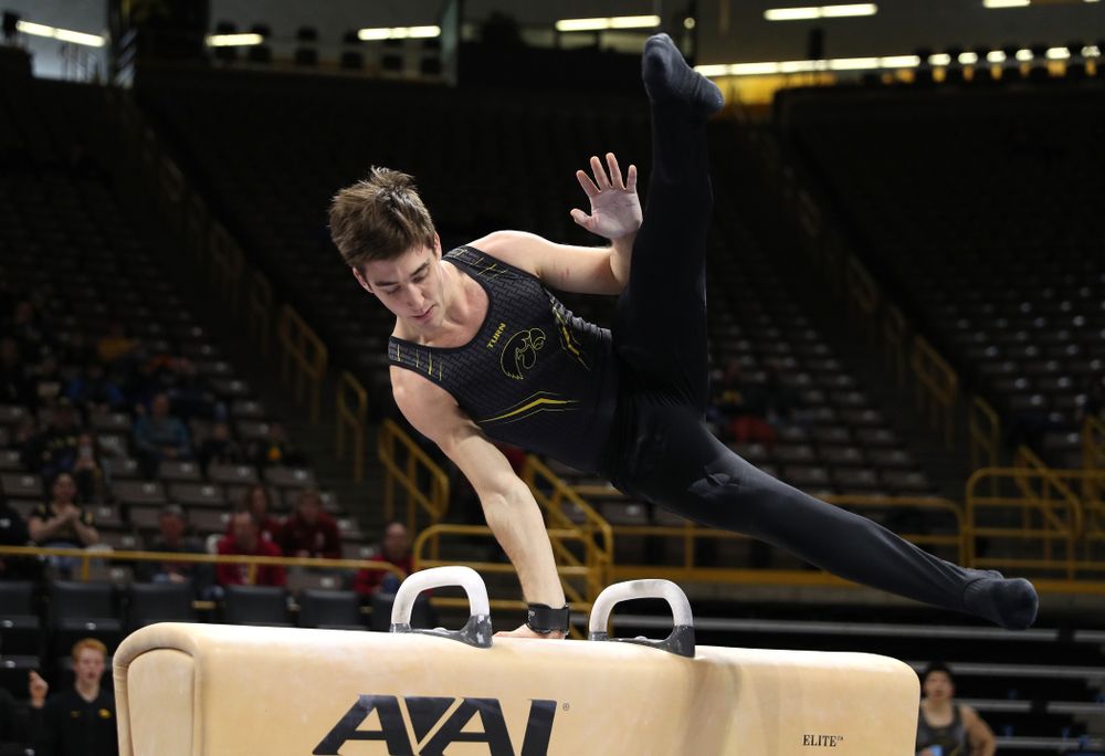 Iowa's Kevin Johnson competes on the Pommel Horse against Oklahoma Saturday, February 9, 2019 at Carver-Hawkeye Arena. (Brian Ray/hawkeyesports.com)