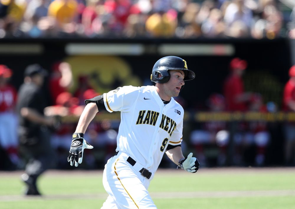 Iowa Hawkeyes outfielder Ben Norman (9) against the Nebraska Cornhuskers Saturday, April 20, 2019 at Duane Banks Field. (Brian Ray/hawkeyesports.com)