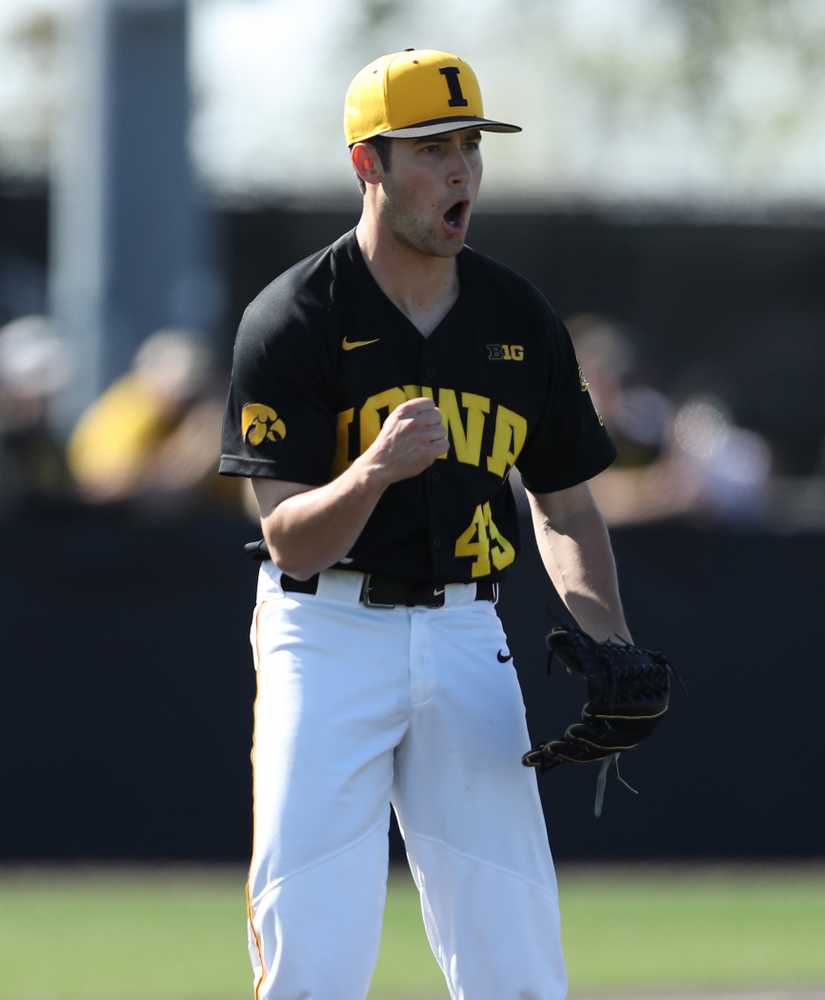 Iowa Hawkeyes Grant Leonard (43) reacts after getting the final out during game two against UC Irvine Saturday, May 4, 2019 at Duane Banks Field. (Brian Ray/hawkeyesports.com)