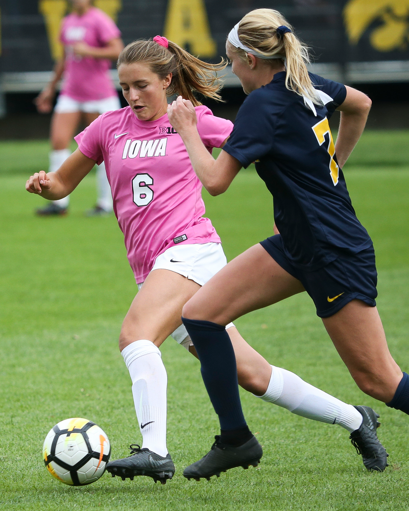 Iowa Hawkeyes midfielder Isabella Blackman (6) dribbles the ball during a game against Michigan at the Iowa Soccer Complex on October 14, 2018. (Tork Mason/hawkeyesports.com)