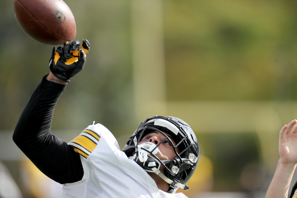 Iowa Hawkeyes defensive back Geno Stone (9) breaks up a pass during Holiday Bowl Practice No. 3 Tuesday, December 24, 2019 at San Diego Mesa College. (Brian Ray/hawkeyesports.com)