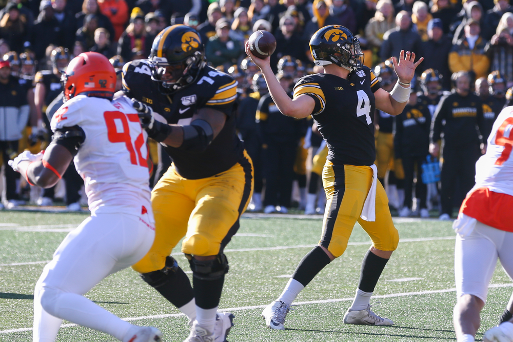Iowa Hawkeyes quarterback Nate Stanley (4) during Iowa football vs Illinois on Saturday, November 23, 2019 at Kinnick Stadium. (Lily Smith/hawkeyesports.com)