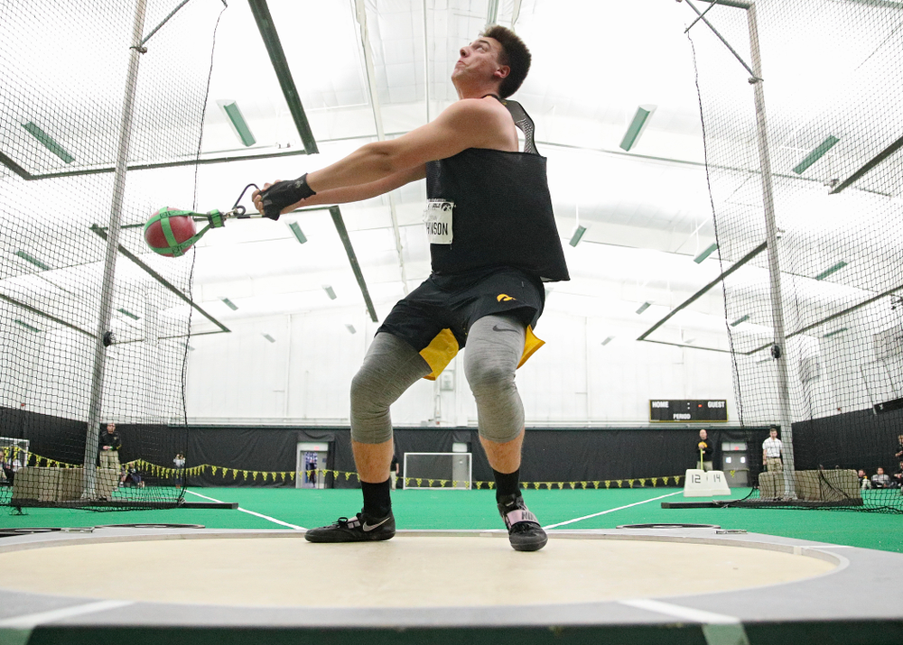 Iowa’s Jordan Johnson throws during the men’s weight throw event at the Hawkeye Tennis and Recreation Complex in Iowa City on Friday, January 31, 2020. (Stephen Mally/hawkeyesports.com)