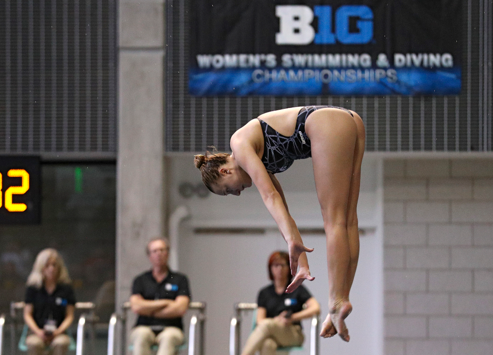 Iowa’s Samantha Tamborski competes in the women’s platform diving preliminary event during the 2020 Women’s Big Ten Swimming and Diving Championships at the Campus Recreation and Wellness Center in Iowa City on Saturday, February 22, 2020. (Stephen Mally/hawkeyesports.com)
