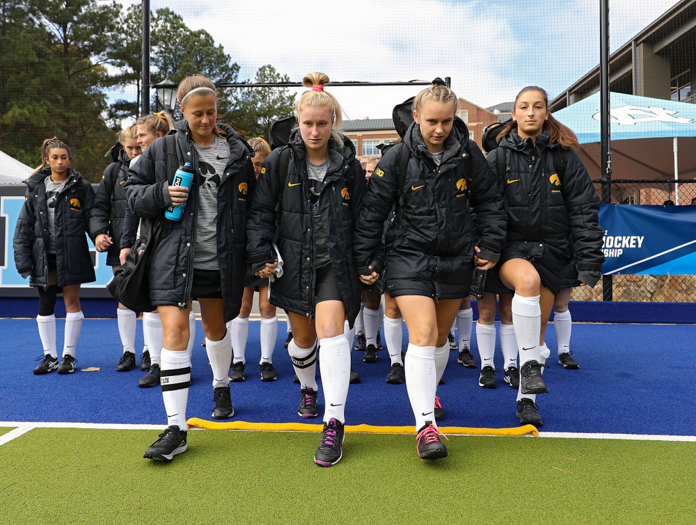 Iowa’s Sofie Stribos (center) celebrates her goal with Leah Zellner (13) and Maddy Murphy (26) during the second quarter of their NCAA Tournament Second Round match against North Carolina at Karen Shelton Stadium in Chapel Hill, N.C. on Sunday, Nov 17, 2019. (Stephen Mally/hawkeyesports.com)