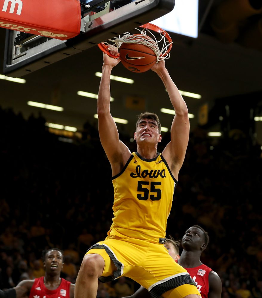 Iowa Hawkeyes forward Luka Garza (55) dunks the ball against the Nebraska Cornhuskers Saturday, February 8, 2020 at Carver-Hawkeye Arena. (Brian Ray/hawkeyesports.com)