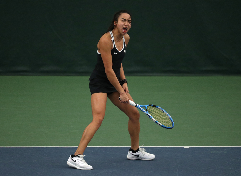 Iowa's Michelle Bacalla against the Penn State Nittany Lions Sunday, February 24, 2019 at the Hawkeye Tennis and Recreation Complex. (Brian Ray/hawkeyesports.com)