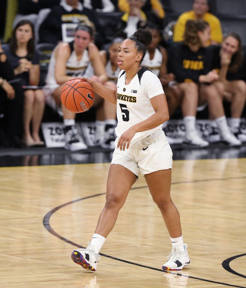 Iowa Hawkeyes guard Alexis Sevillian (5) against Dakota Wesleyan University Tuesday, November 6, 2018 at Carver-Hawkeye Arena. (Brian Ray/hawkeyesports.com)