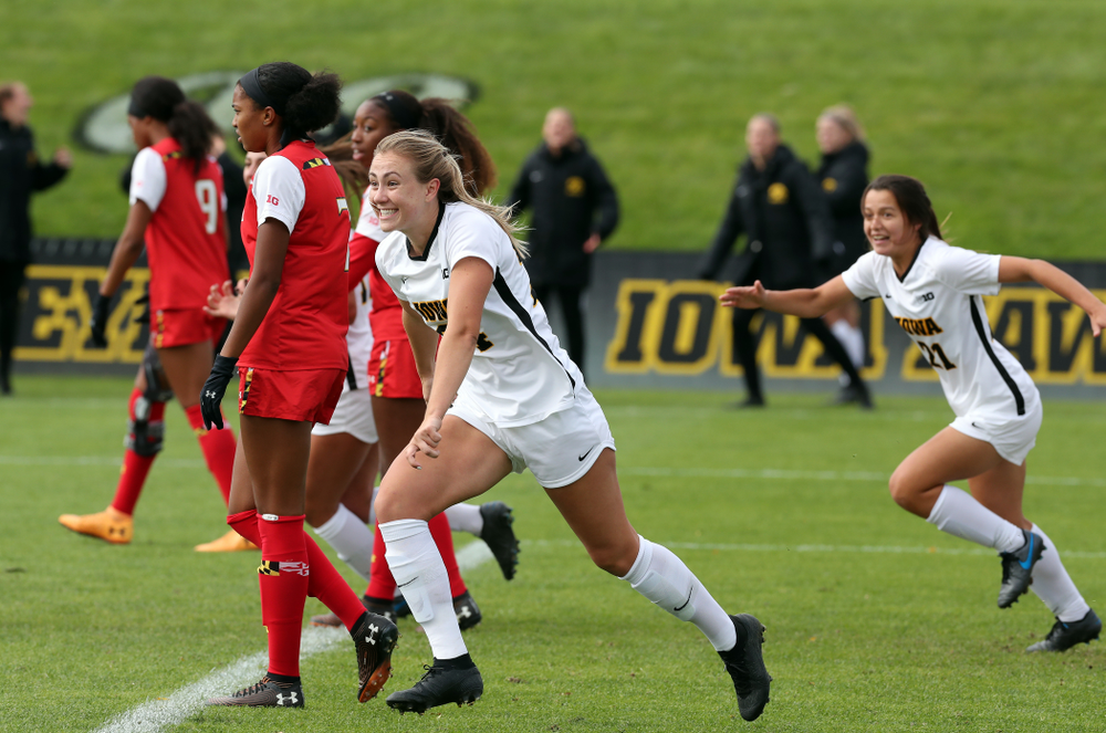 Iowa Hawkeyes defender Sara Wheaton (24) celebrates a goal against the Maryland Terrapins Sunday, October 13, 2019 on senior day. (Brian Ray/hawkeyesports.com)