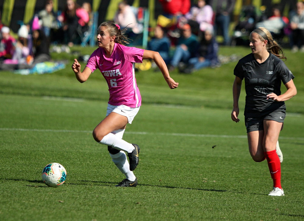 Iowa midfielder Isabella Blackman (6) looks to pass during the first half of their match at the Iowa Soccer Complex in Iowa City on Sunday, Oct 27, 2019. (Stephen Mally/hawkeyesports.com)