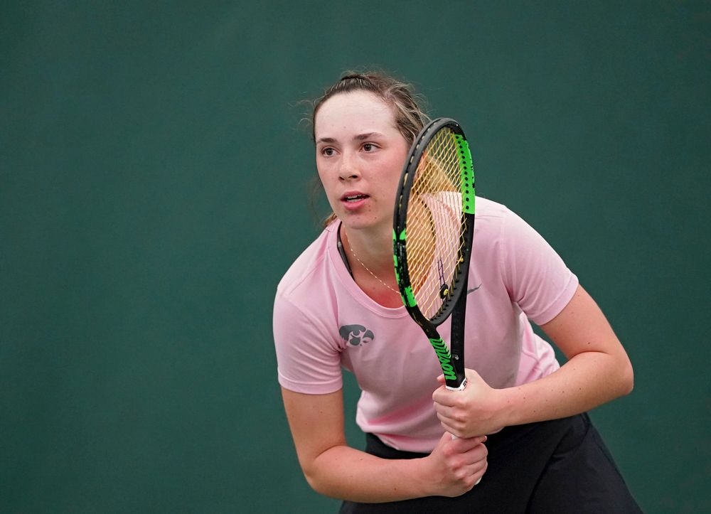 Iowa's Samantha Mannix waits for a serve during a match against Purdue at the Hawkeye Tennis and Recreation Complex in Iowa City on Friday, Mar. 29, 2019. (Stephen Mally/hawkeyesports.com)