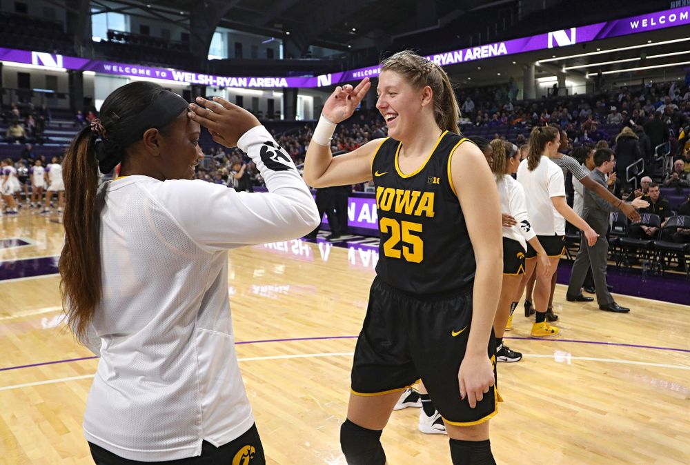 Iowa Hawkeyes forward Monika Czinano (25) is introduced before their game at Welsh-Ryan Arena in Evanston, Ill. on Sunday, January 5, 2020. (Stephen Mally/hawkeyesports.com)