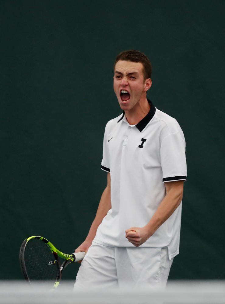 Jonas Larsen and Kareem Allaf play a doubles match against Purdue Sunday, April 15, 2018 at the Hawkeye Tennis and Recreation Center. (Brian Ray/hawkeyesports.com)