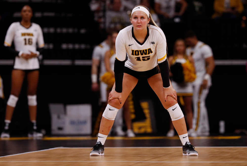 Iowa Hawkeyes defensive specialist Maddie Slagle (15) against the Michigan State Spartans Friday, September 21, 2018 at Carver-Hawkeye Arena. (Brian Ray/hawkeyesports.com)