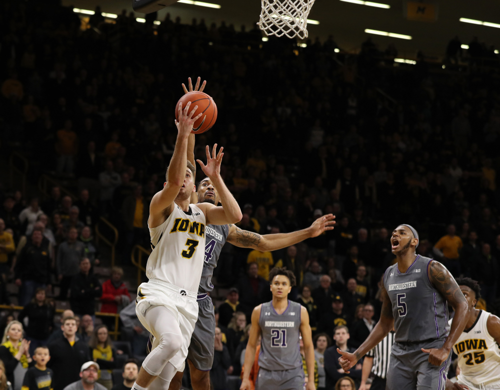 Iowa Hawkeyes guard Jordan Bohannon (3) against the Northwestern Wildcats Sunday, February 10, 2019 at Carver-Hawkeye Arena. (Brian Ray/hawkeyesports.com)