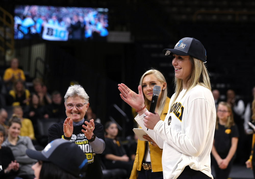 Iowa Hawkeyes forward Hannah Stewart (21) during a celebration of their Big Ten Women's Basketball Tournament championship Monday, March 18, 2019 at Carver-Hawkeye Arena. (Brian Ray/hawkeyesports.com)