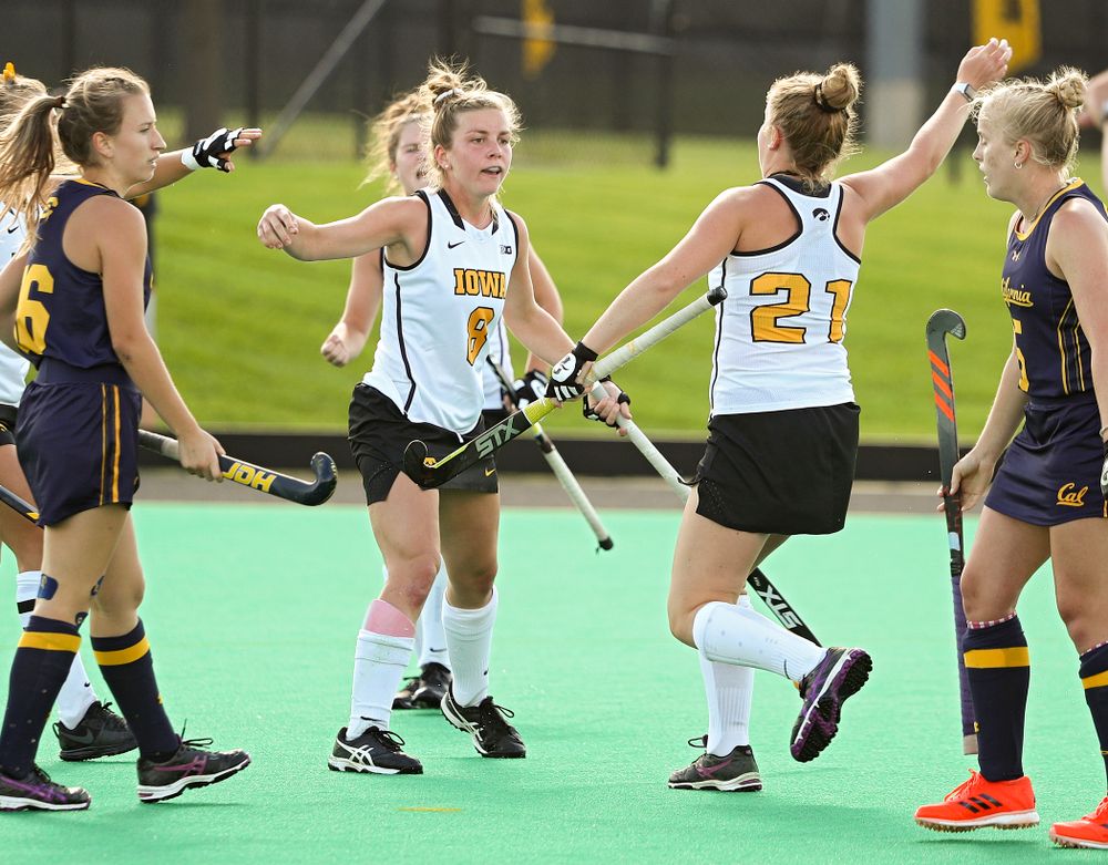 Iowa’s Nikki Freeman (8) and Makenna Maguire (21) celebrate after Freeman’s goal during the third quarter of their game at Grant Field in Iowa City on Friday, Sep 13, 2019. (Stephen Mally/hawkeyesports.com)
