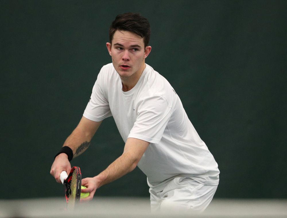 Iowa's Jonas Larsen against North Dakota Friday, January 25, 2019 at the Hawkeye Tennis and Recreation Complex. (Brian Ray/hawkeyesports.com)