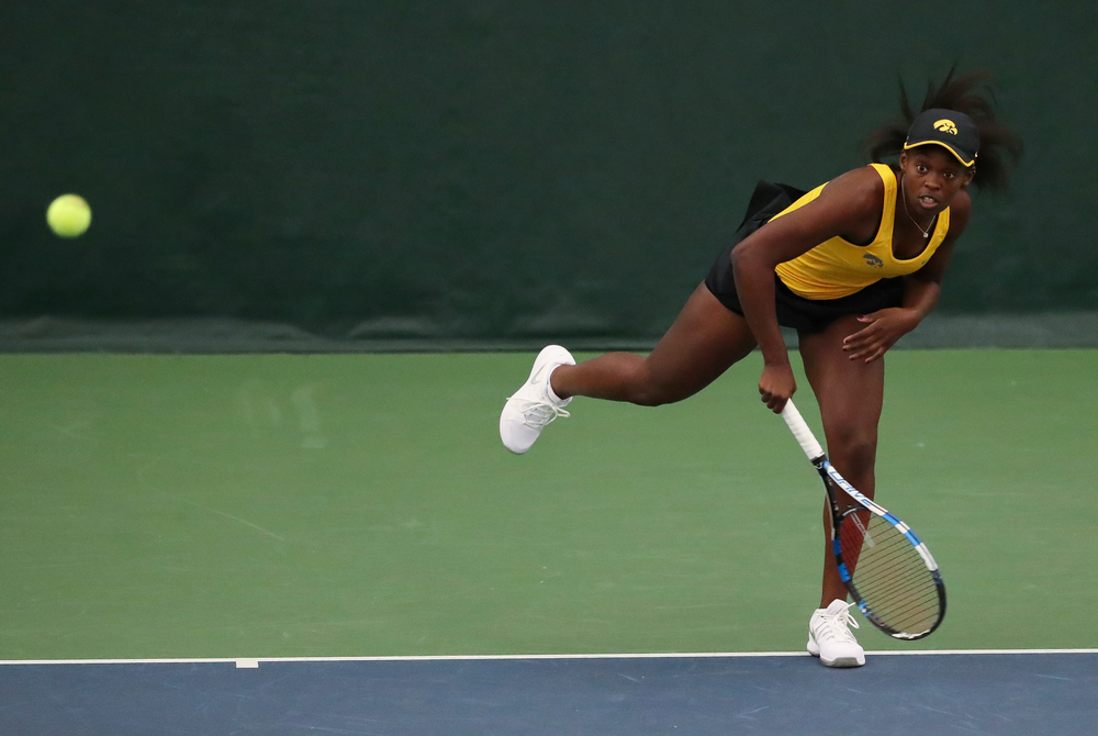 Adorabol Huckleby serves in a singles match during the second day of the ITA Central Regional Championships at the Hawkeye Tennis and Recreation Complex on October 13, 2018. (Tork Mason/hawkeyesports.com)