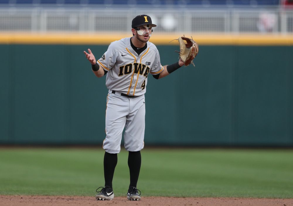 Iowa Hawkeyes infielder Mitchell Boe (4) against the Indiana Hoosiers in the first round of the Big Ten Baseball Tournament Wednesday, May 22, 2019 at TD Ameritrade Park in Omaha, Neb. (Brian Ray/hawkeyesports.com)