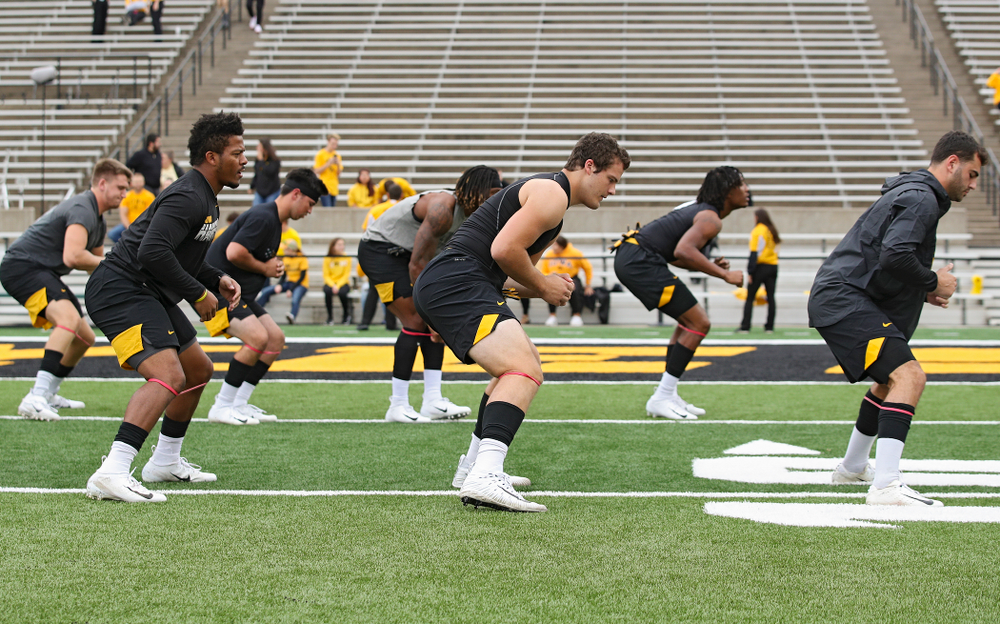 Iowa Hawkeyes players warm up before their game at Kinnick Stadium in Iowa City on Saturday, Sep 28, 2019. (Stephen Mally/hawkeyesports.com)
