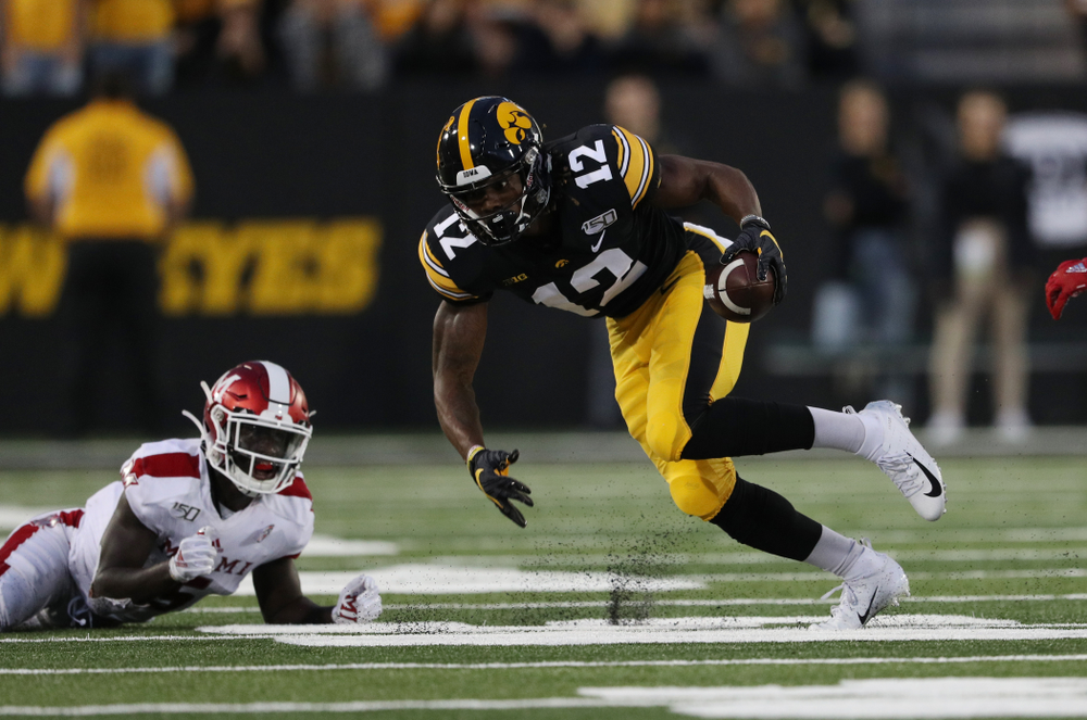Iowa Hawkeyes wide receiver Brandon Smith (12) against the Miami RedHawks Saturday, August 31, 2019 at Kinnick Stadium in Iowa City. (Brian Ray/hawkeyesports.com)