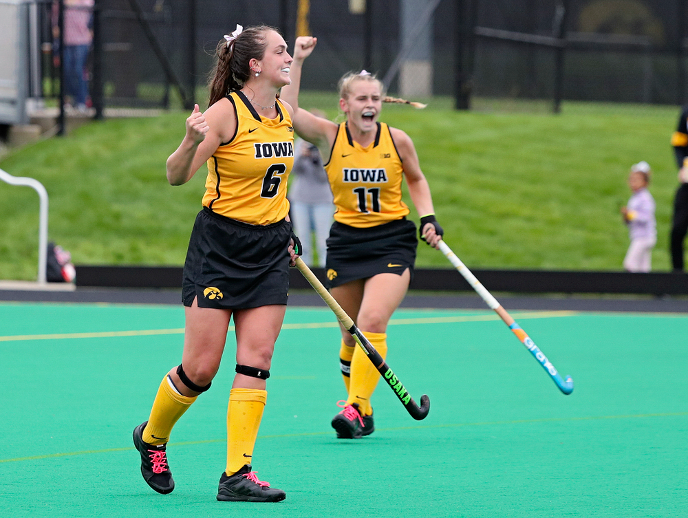 Iowa’s Anthe Nijziel (6) celebrates with Katie Birch (11) after Nijziel scored a goal during the third quarter of their game against UC Davis at Grant Field in Iowa City on Sunday, Oct 6, 2019. (Stephen Mally/hawkeyesports.com)