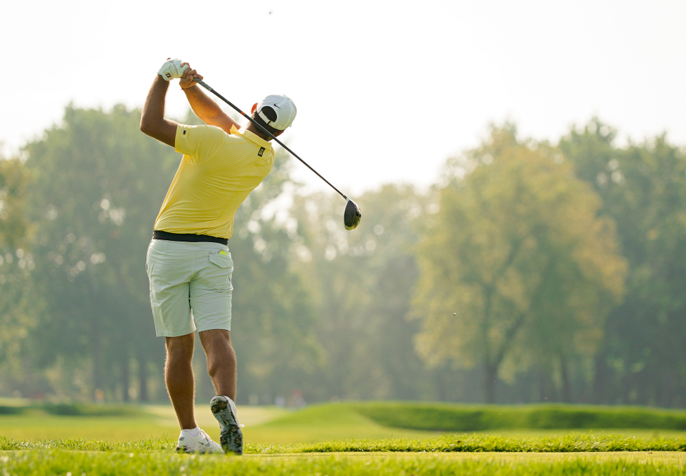 Iowa’s Gonzalo Leal tees off during the third day of the Golfweek Conference Challenge at the Cedar Rapids Country Club in Cedar Rapids on Tuesday, Sep 17, 2019. (Stephen Mally/hawkeyesports.com)