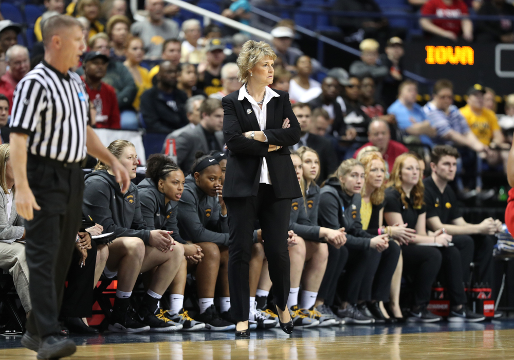 Iowa Hawkeyes head coach Lisa Bluder against the NC State Wolfpack in the regional semi-final of the 2019 NCAA Women's College Basketball Tournament Saturday, March 30, 2019 at Greensboro Coliseum in Greensboro, NC.(Brian Ray/hawkeyesports.com)