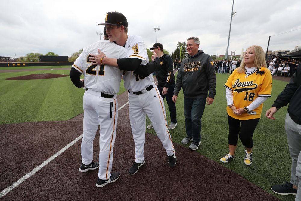 Iowa Hawkeyes Shane Ritter (18) during senior day festivities before their game against Michigan State Sunday, May 12, 2019 at Duane Banks Field. (Brian Ray/hawkeyesports.com)