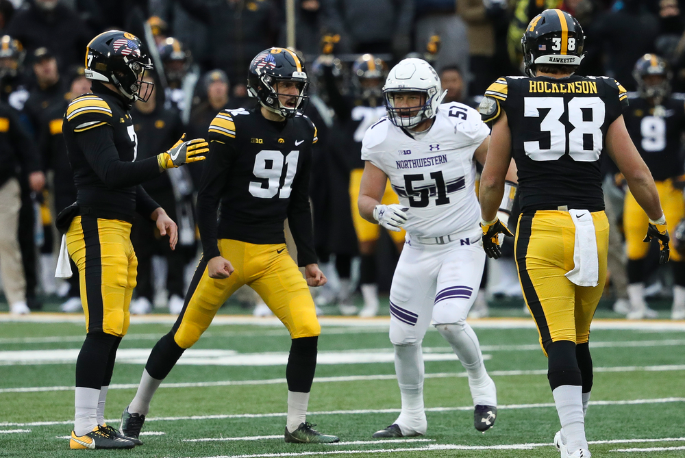 Iowa Hawkeyes placekicker Miguel Recinos (91) reacts after making a field goal during a game against Northwestern at Kinnick Stadium on November 10, 2018. (Tork Mason/hawkeyesports.com)