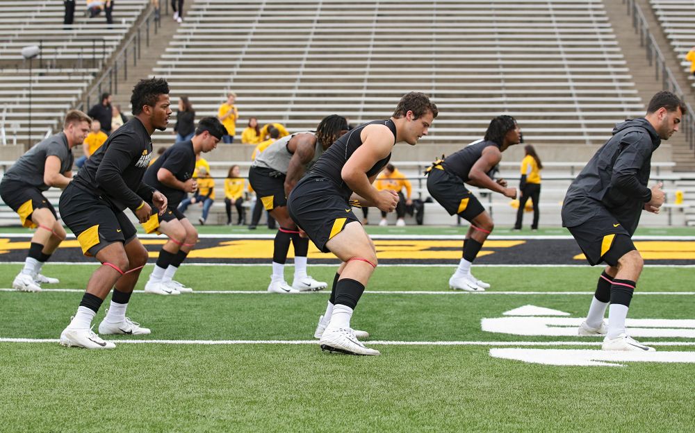Iowa Hawkeyes players warm up before their game at Kinnick Stadium in Iowa City on Saturday, Sep 28, 2019. (Stephen Mally/hawkeyesports.com)