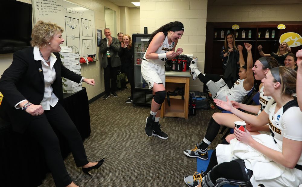 Iowa Hawkeyes head coach Lisa Bluder and forward Megan Gustafson (10) against the NC State Wolfpack in the regional semi-final of the 2019 NCAA Women's College Basketball Tournament Saturday, March 30, 2019 at Greensboro Coliseum in Greensboro, NC.(Brian Ray/hawkeyesports.com)