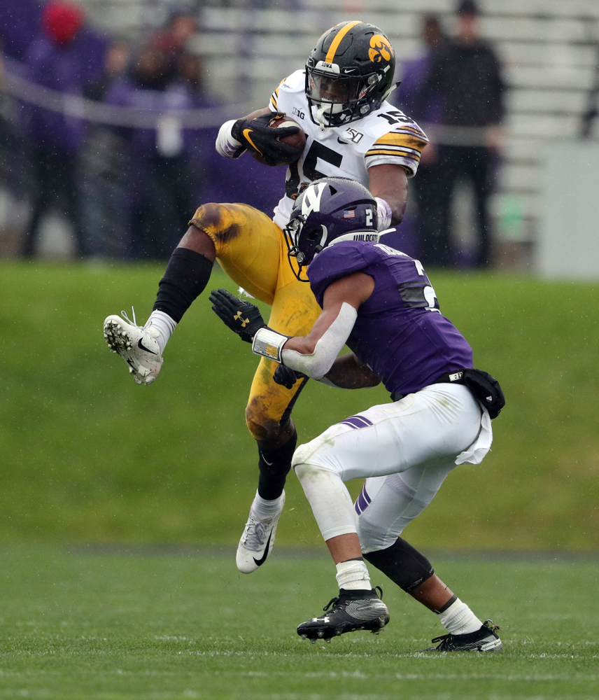 Iowa Hawkeyes running back Tyler Goodson (15) against the Northwestern Wildcats Saturday, October 26, 2019 at Ryan Field in Evanston, Ill. (Brian Ray/hawkeyesports.com)