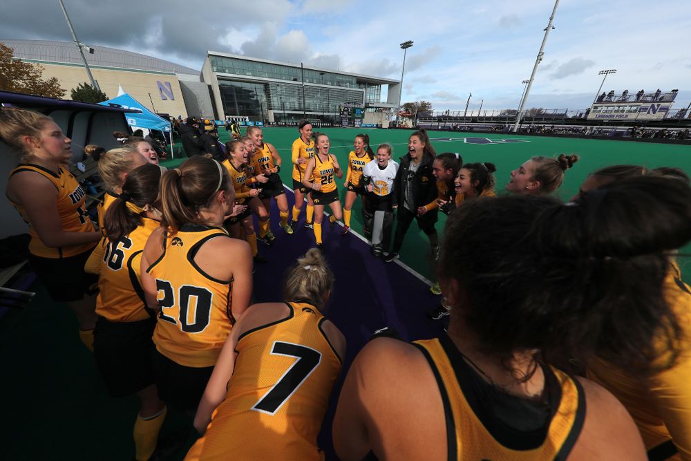 The Iowa Hawkeyes get pumped up for their game against the Michigan Wolverines in the semi-finals of the Big Ten Tournament Friday, November 2, 2018 at Lakeside Field on the campus of Northwestern University in Evanston, Ill. (Brian Ray/hawkeyesports.com)