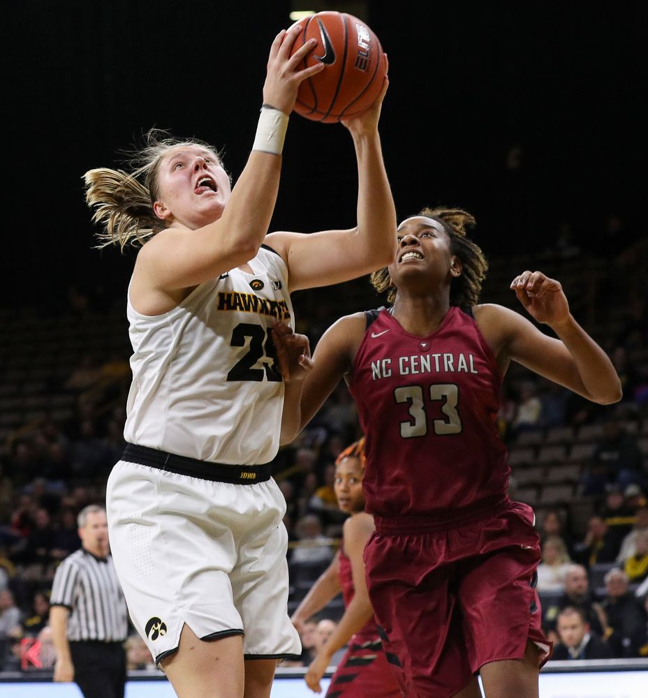 Iowa Hawkeyes forward Monika Czinano (25) goes up for a shot during a game against North Carolina Central at Carver-Hawkeye Arena on November 17, 2018. (Tork Mason/hawkeyesports.com)