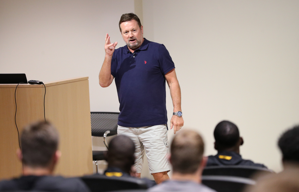 Former University of Iowa defensive back and Oklahoma Head Coach Bob Stoops addresses the Hawkeye Football team as the honorary captain for their game against Miami, Ohio Friday, August 30, 2019 at the Hansen Football Performance Center. (Brian Ray/hawkeyesports.com)