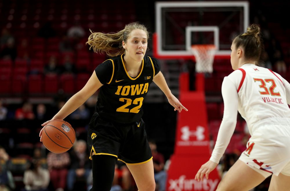 Iowa Hawkeyes guard Kathleen Doyle (22) against the Maryland Terrapins Thursday, February 13, 2020 at the Xfinity Center in College Park, MD. (Brian Ray/hawkeyesports.com)