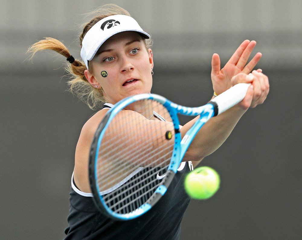Iowa's Ashleigh Jacobs during a match against Rutgers at the Hawkeye Tennis and Recreation Complex in Iowa City on Friday, Apr. 5, 2019. (Stephen Mally/hawkeyesports.com)